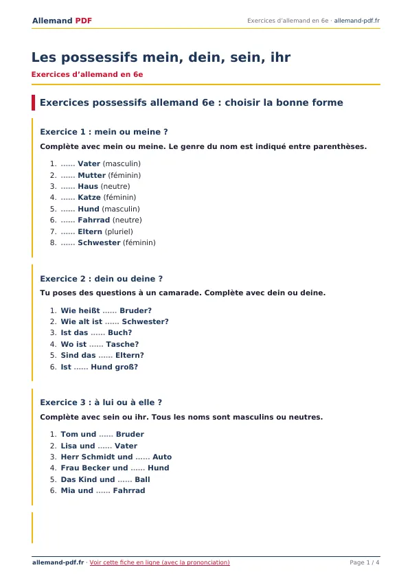 Exercices « Les possessifs mein, dein, sein, ihr » en PDF