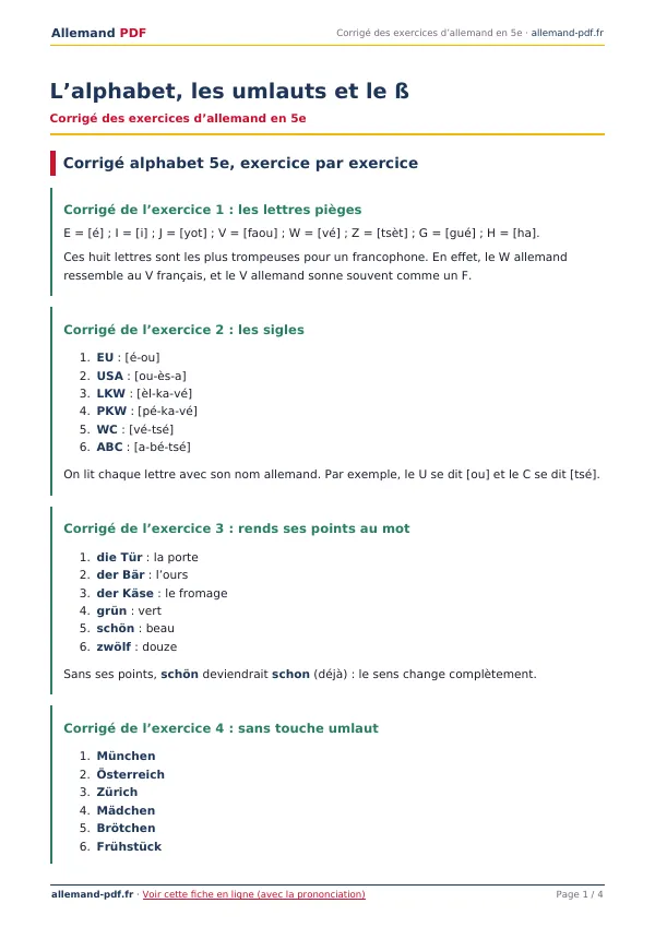 Corrigé « L’alphabet, les umlauts et le ß » en PDF