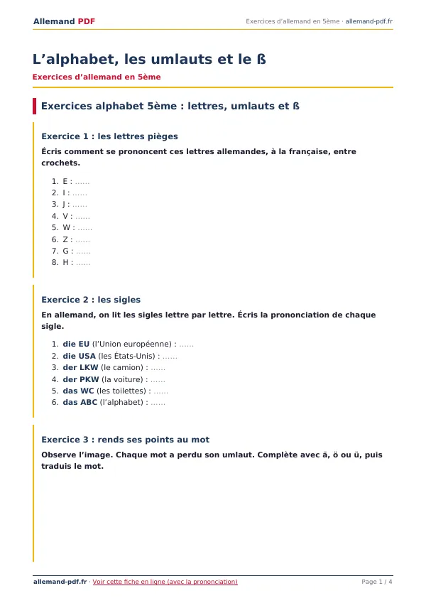 Exercices « L’alphabet, les umlauts et le ß » en PDF