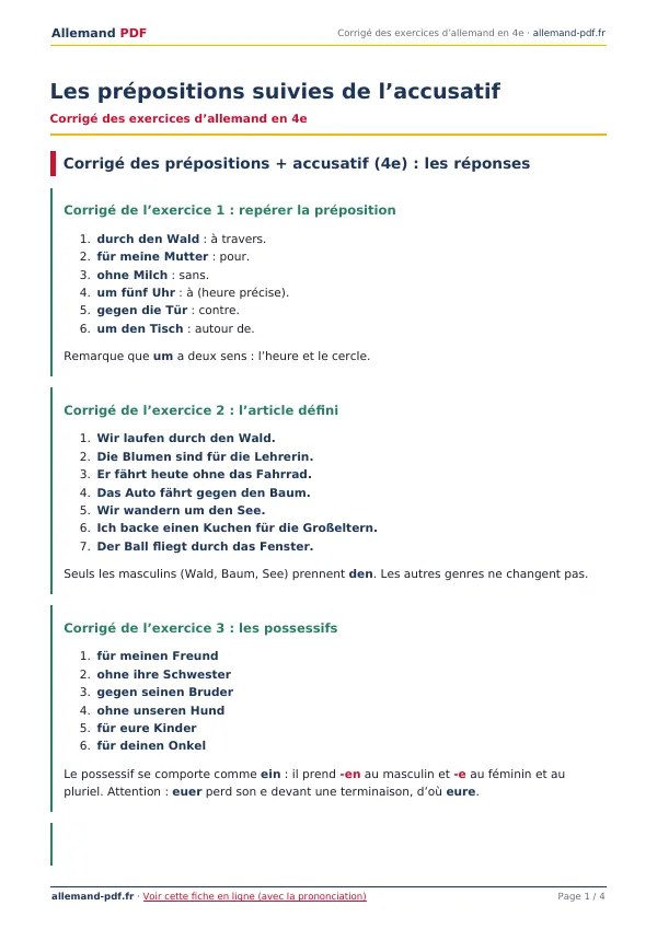 Corrigé « Les prépositions suivies de l’accusatif » en PDF