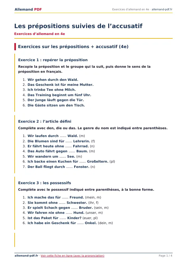 Exercices « Les prépositions suivies de l’accusatif » en PDF