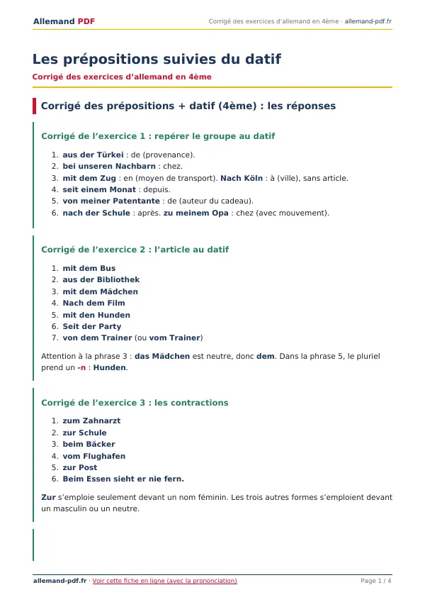 Corrigé « Les prépositions suivies du datif » en PDF