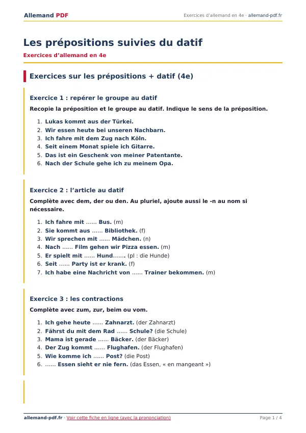 Exercices « Les prépositions suivies du datif » en PDF