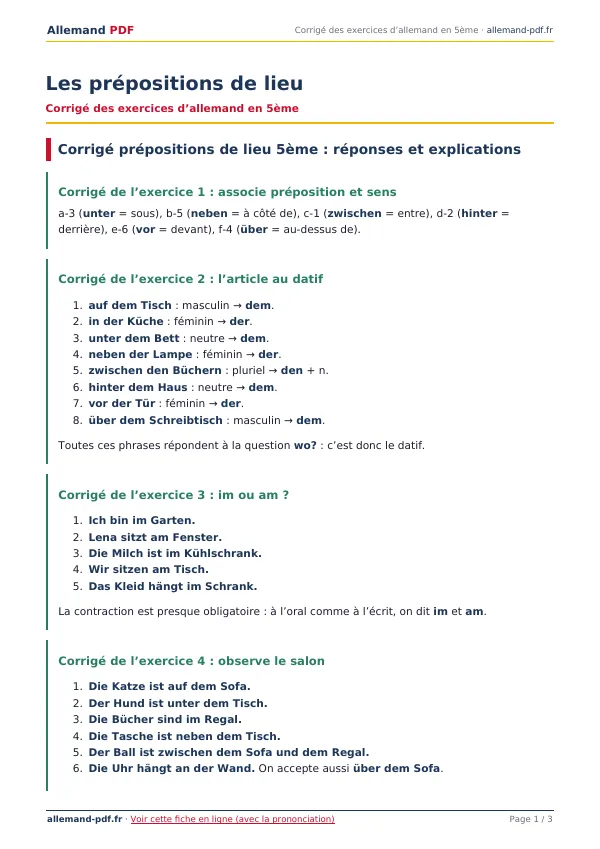 Corrigé « Les prépositions de lieu » en PDF