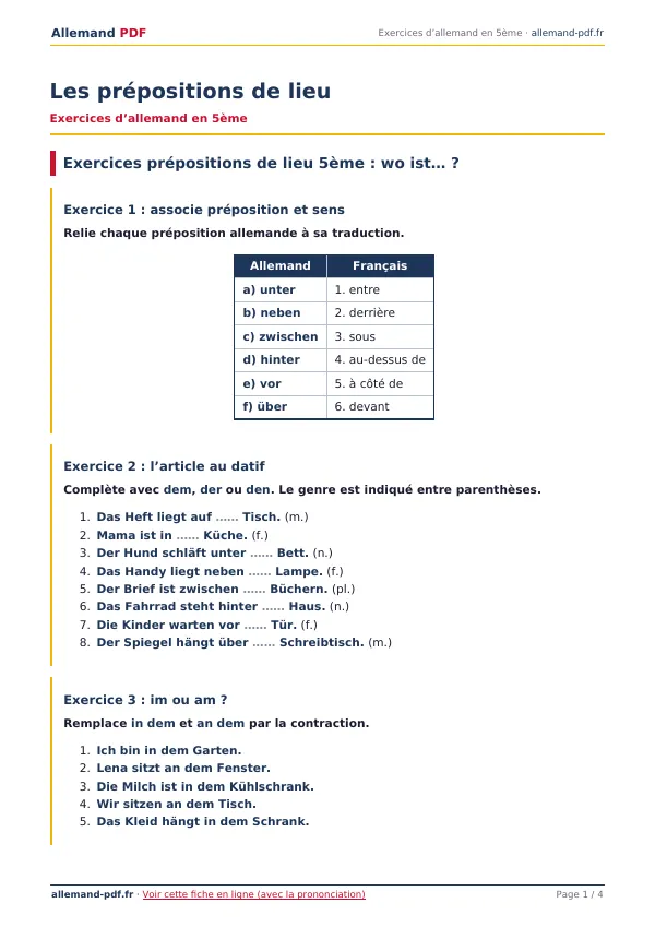 Exercices « Les prépositions de lieu » en PDF