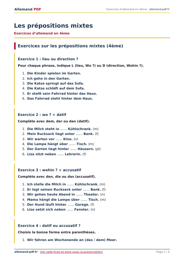 Exercices « Les prépositions mixtes » en PDF