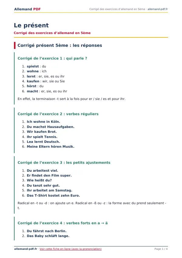 Corrigé « Le présent » en PDF