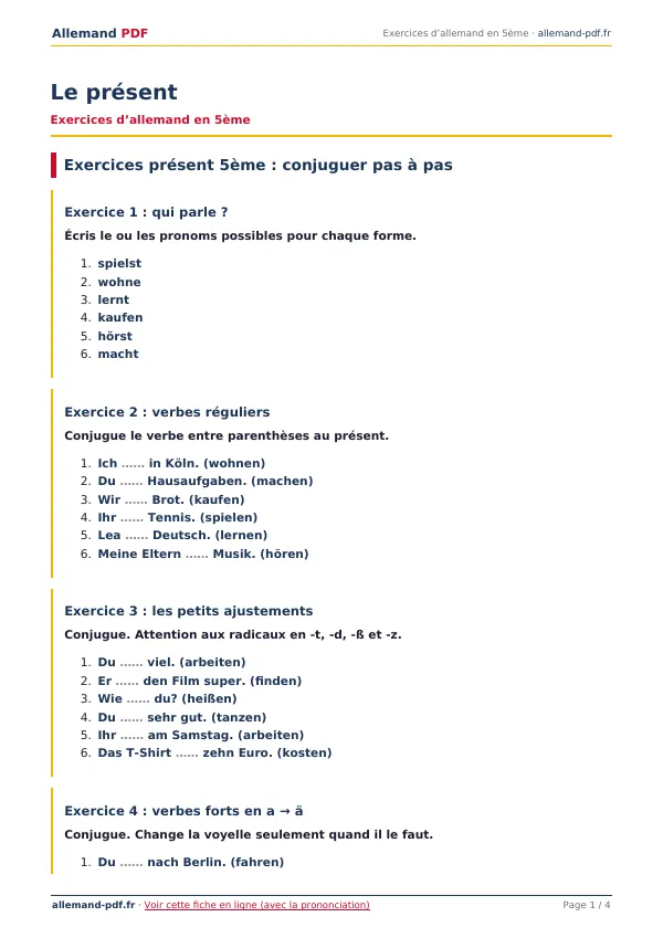 Exercices « Le présent » en PDF