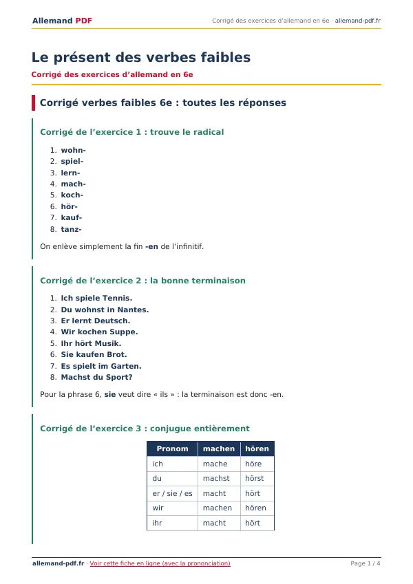 Corrigé « Le présent des verbes faibles » en PDF