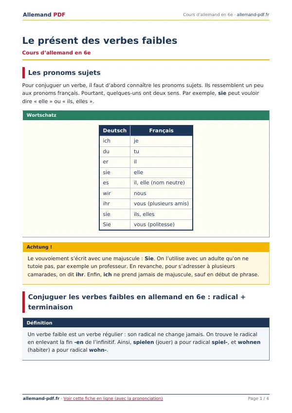 Cours « Le présent des verbes faibles » en PDF