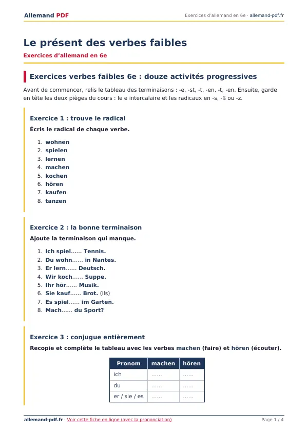 Exercices « Le présent des verbes faibles » en PDF