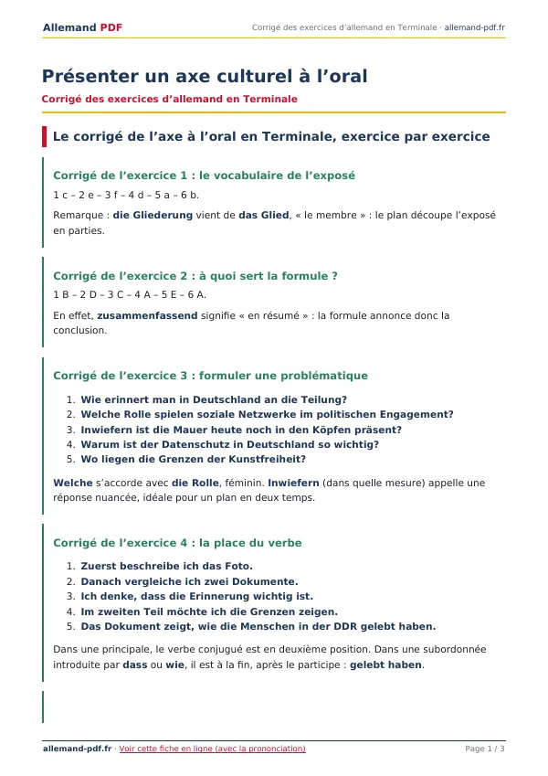 Corrigé « Présenter un axe culturel à l’oral » en PDF