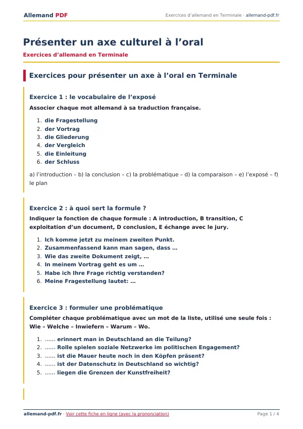 Exercices « Présenter un axe culturel à l’oral » en PDF
