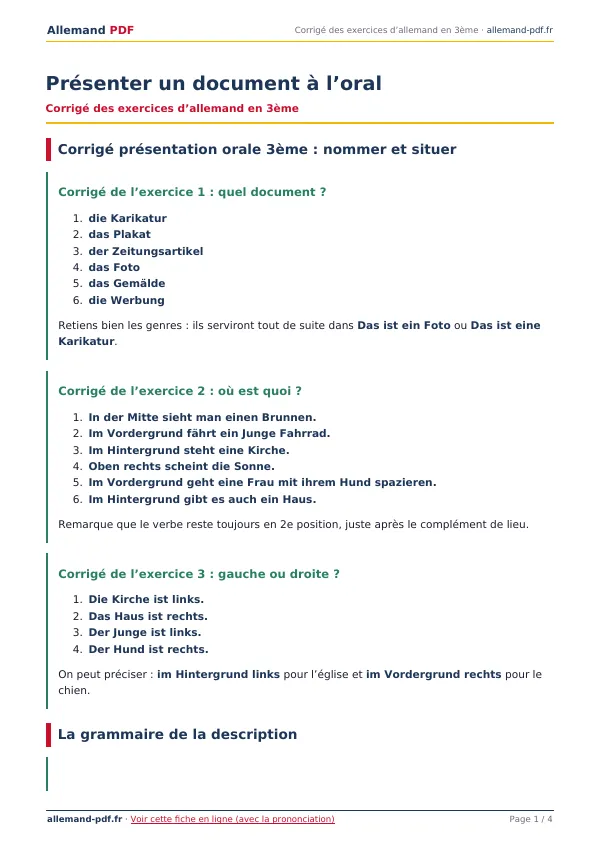 Corrigé « Présenter un document à l’oral » en PDF