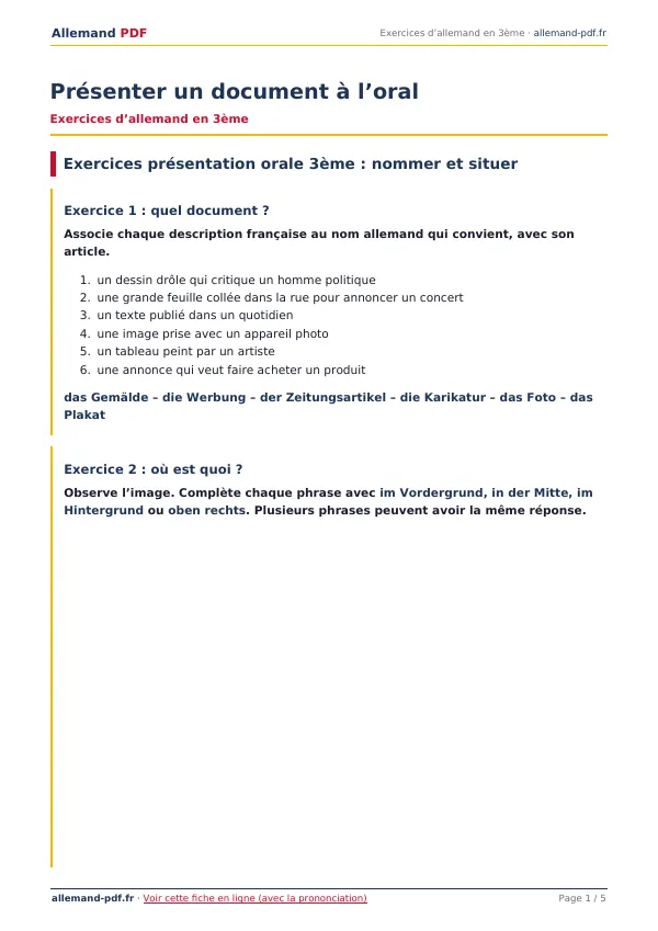 Exercices « Présenter un document à l’oral » en PDF