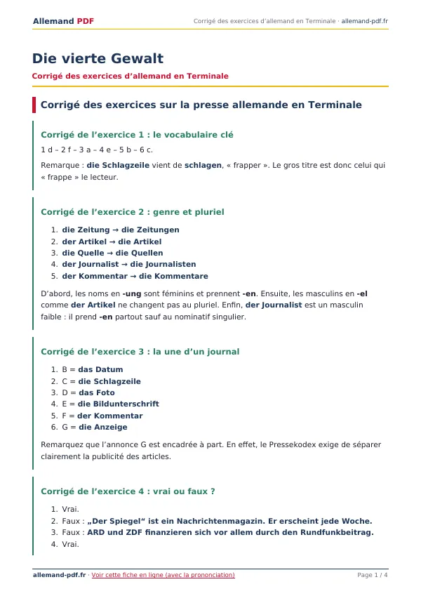 Corrigé « Die vierte Gewalt » en PDF