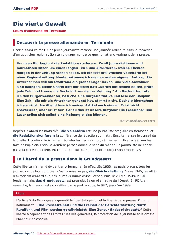 Cours « Die vierte Gewalt » en PDF