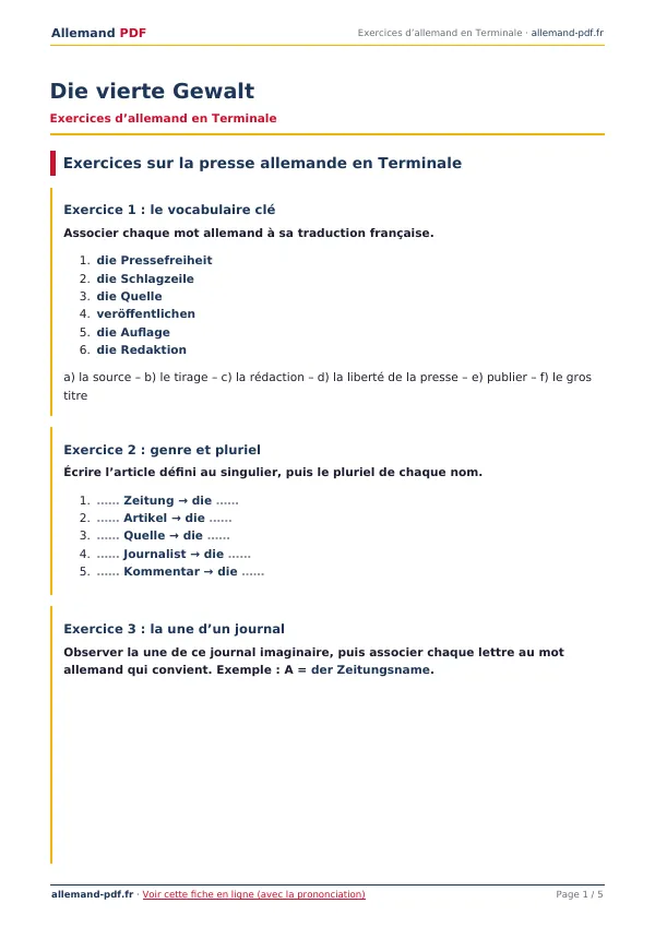 Exercices « Die vierte Gewalt » en PDF