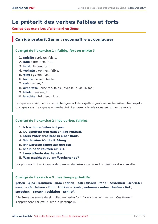 Corrigé « Le prétérit des verbes faibles et forts » en PDF