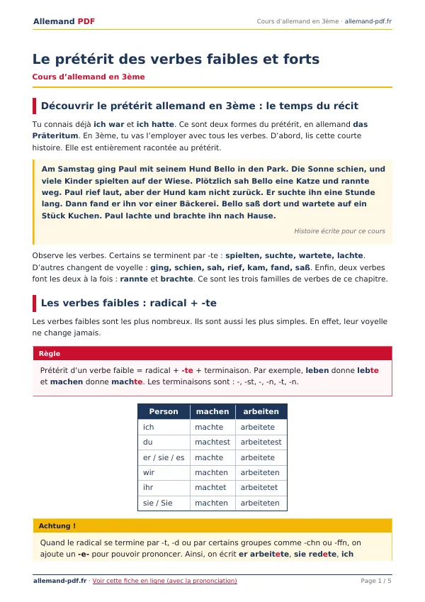 Cours « Le prétérit des verbes faibles et forts » en PDF