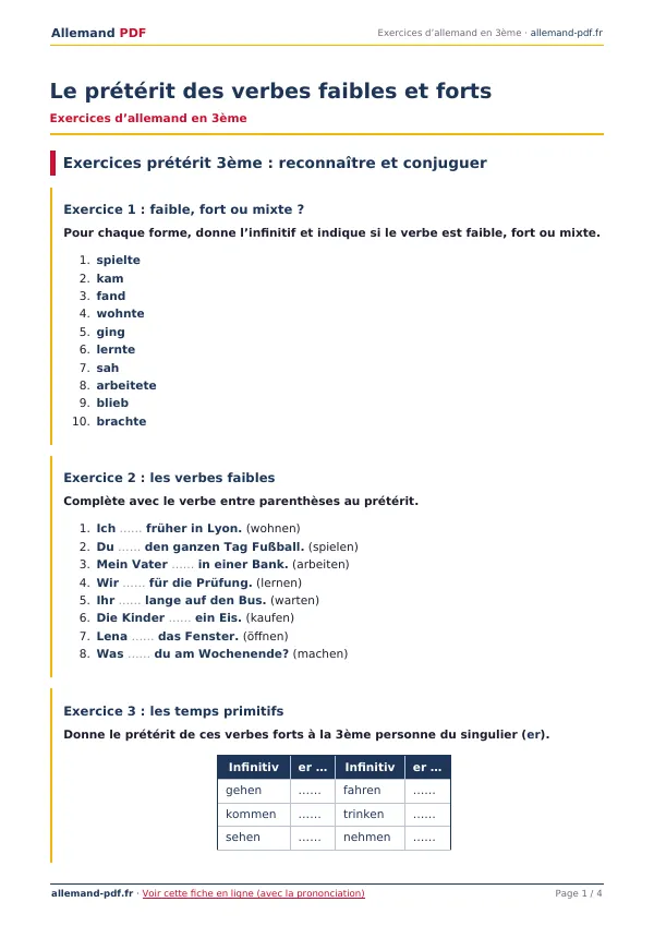 Exercices « Le prétérit des verbes faibles et forts » en PDF