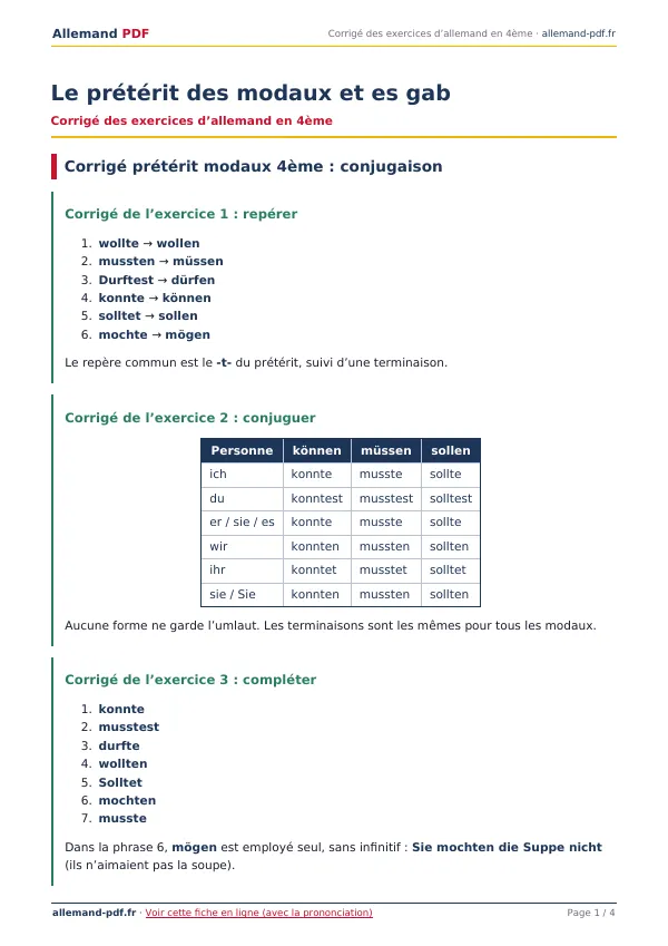 Corrigé « Le prétérit des modaux et es gab » en PDF