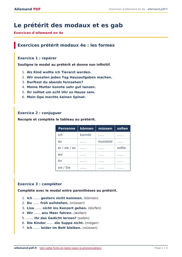 Exercices « Le prétérit des modaux et es gab » en PDF
