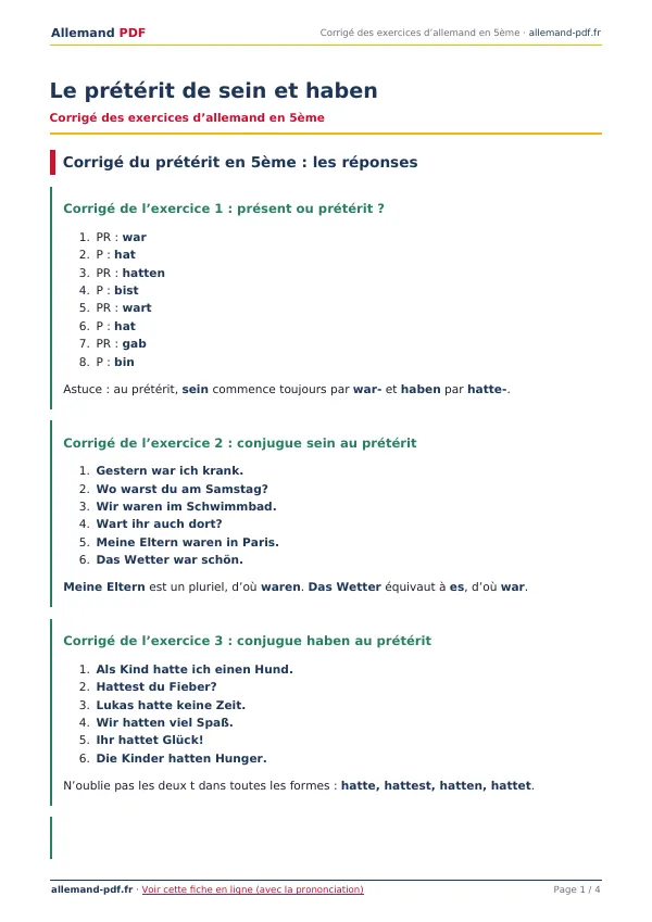 Corrigé « Le prétérit de sein et haben » en PDF