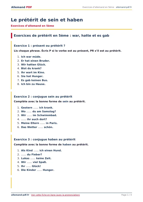 Exercices « Le prétérit de sein et haben » en PDF
