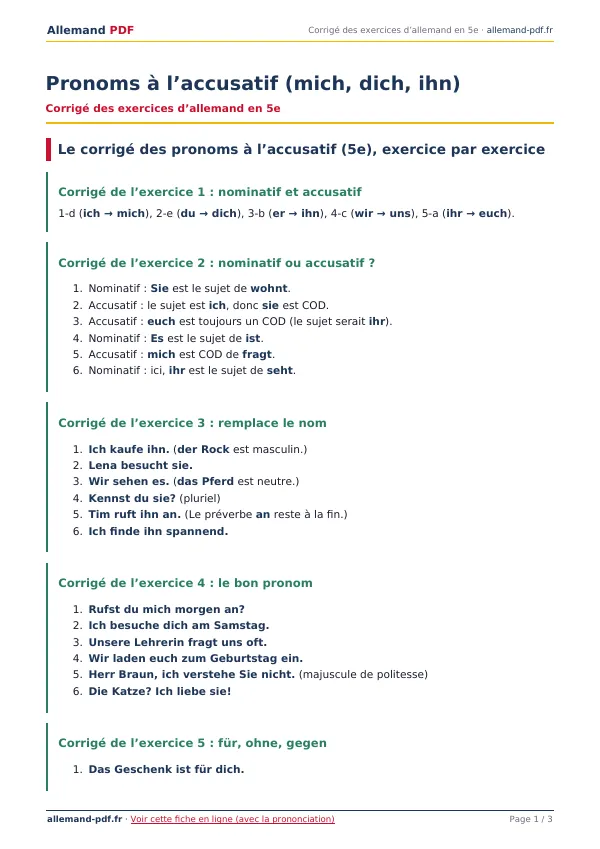 Corrigé « Pronoms à l’accusatif (mich, dich, ihn) » en PDF