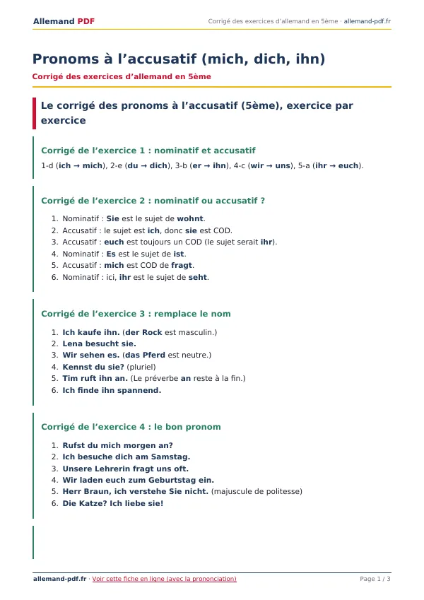 Corrigé « Pronoms à l’accusatif (mich, dich, ihn) » en PDF