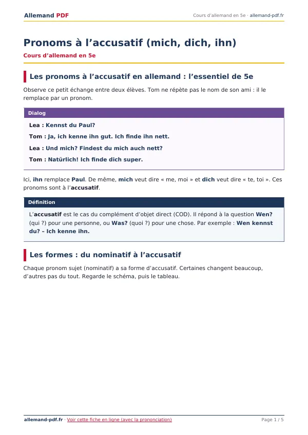 Cours « Pronoms à l’accusatif (mich, dich, ihn) » en PDF