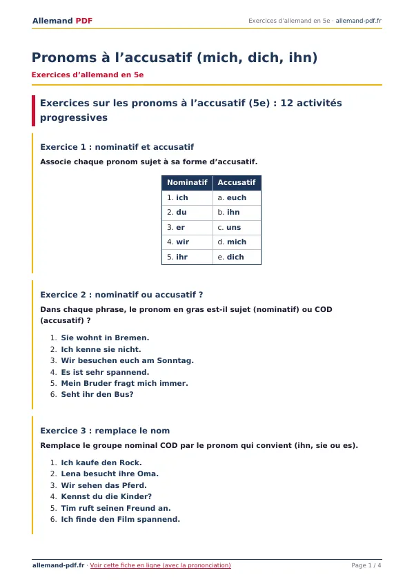 Exercices « Pronoms à l’accusatif (mich, dich, ihn) » en PDF