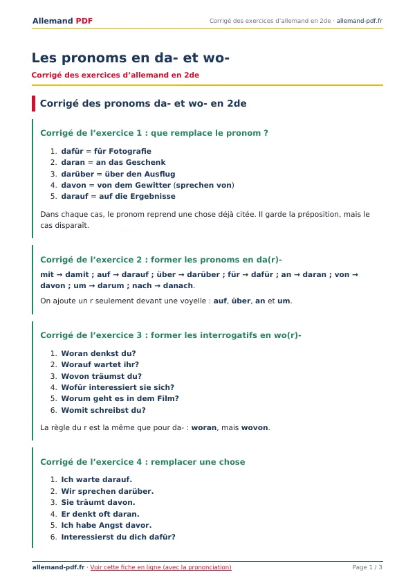Corrigé « Les pronoms en da- et wo- » en PDF