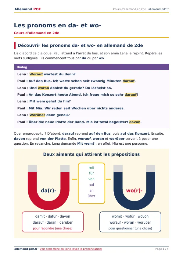 Cours « Les pronoms en da- et wo- » en PDF