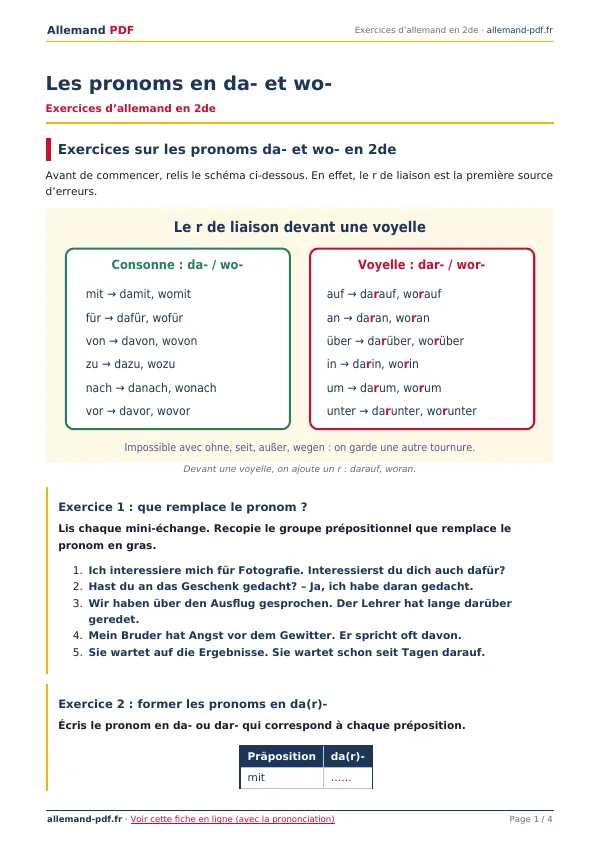 Exercices « Les pronoms en da- et wo- » en PDF