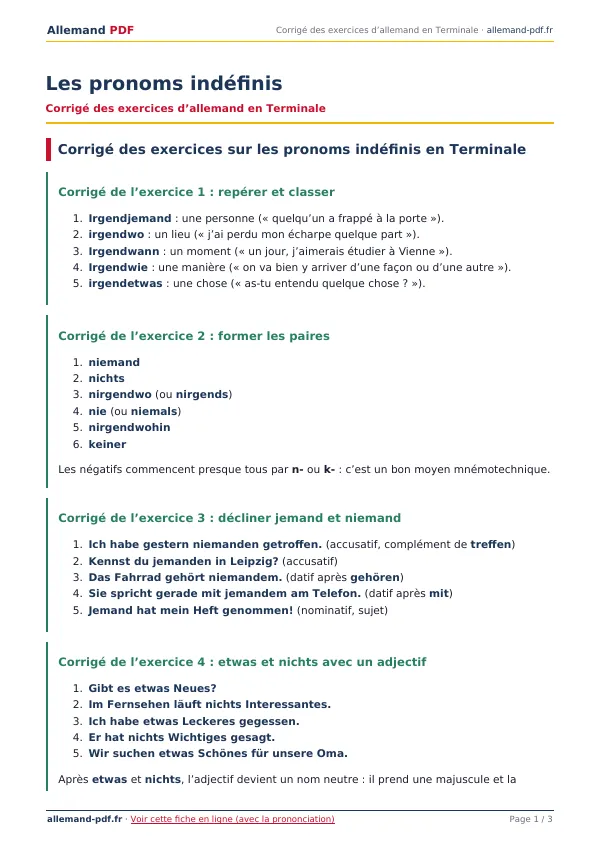Corrigé « Les pronoms indéfinis » en PDF