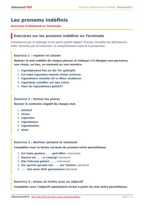 Exercices « Les pronoms indéfinis » en PDF