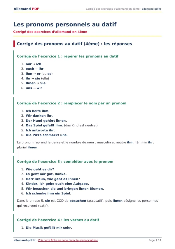 Corrigé « Les pronoms personnels au datif » en PDF