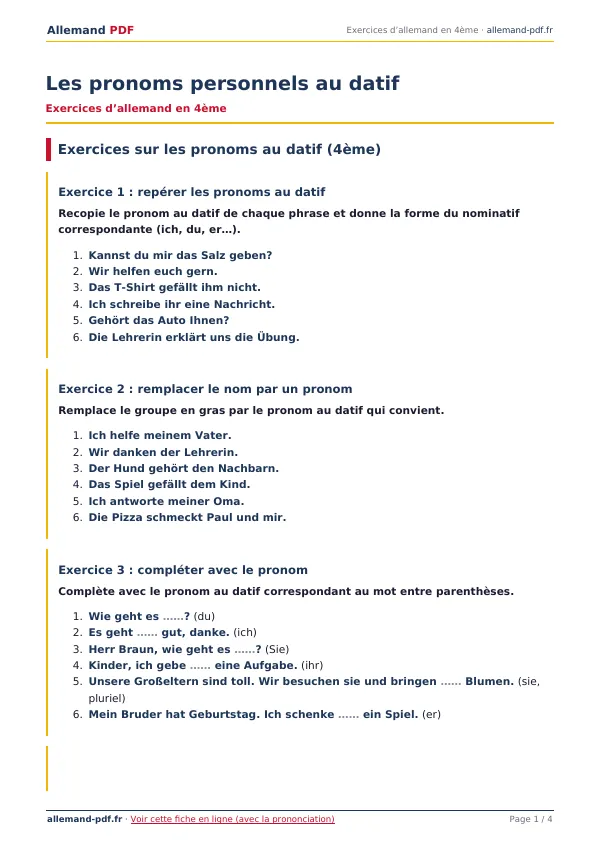Exercices « Les pronoms personnels au datif » en PDF