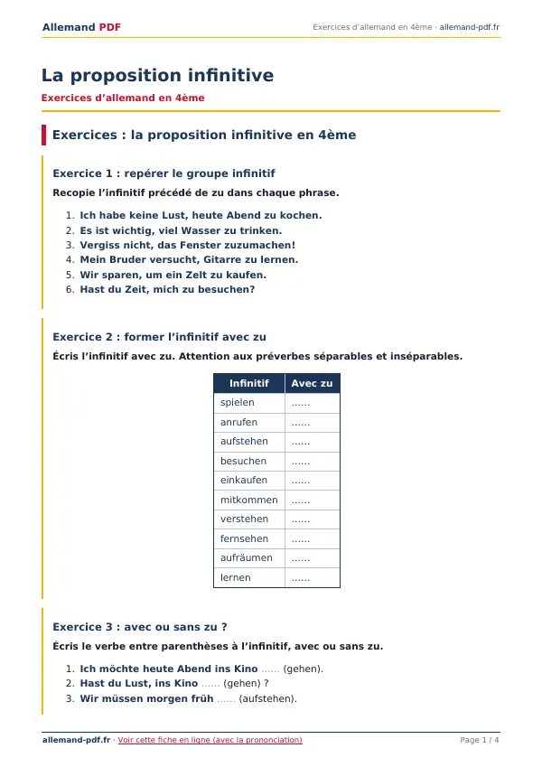 Exercices « La proposition infinitive » en PDF