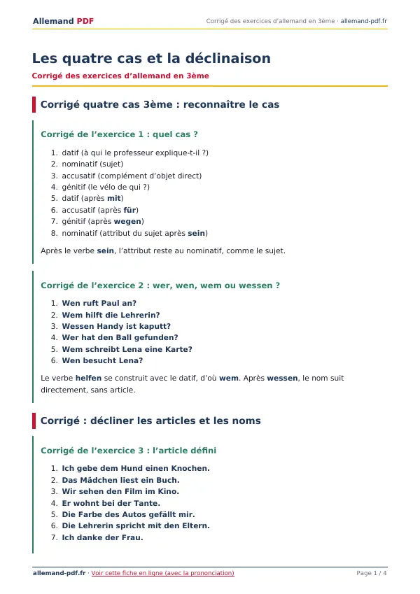 Corrigé « Les quatre cas et la déclinaison » en PDF