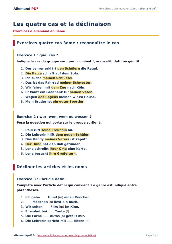 Exercices « Les quatre cas et la déclinaison » en PDF