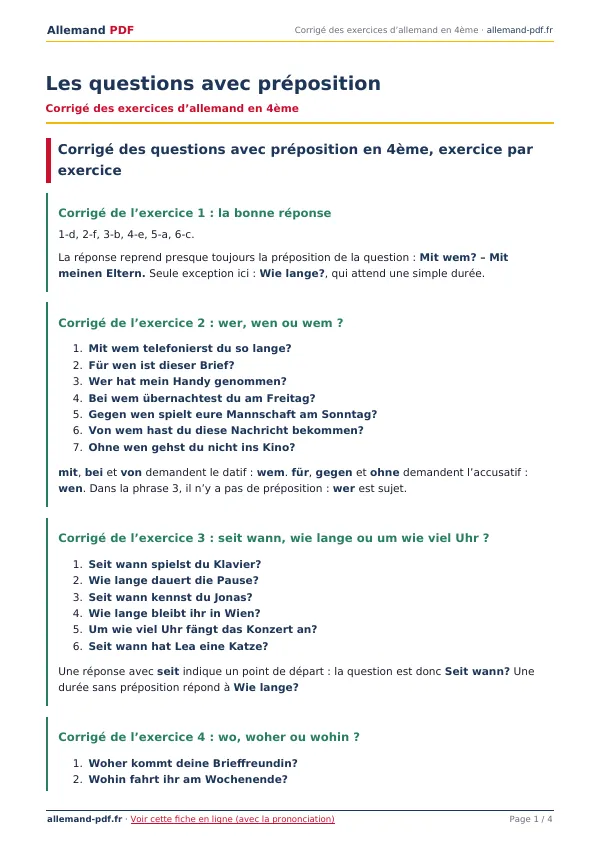 Corrigé « Les questions avec préposition » en PDF