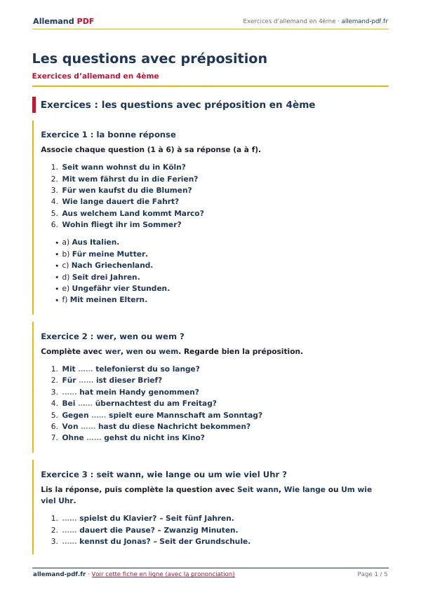 Exercices « Les questions avec préposition » en PDF