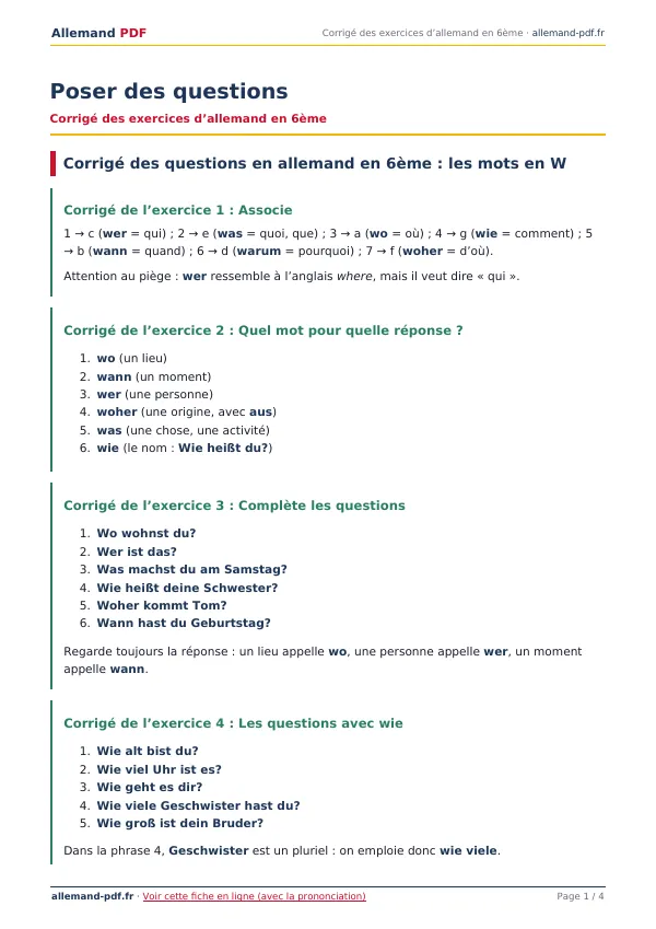Corrigé « Poser des questions » en PDF
