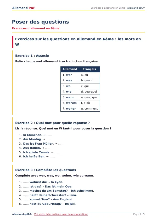 Exercices « Poser des questions » en PDF