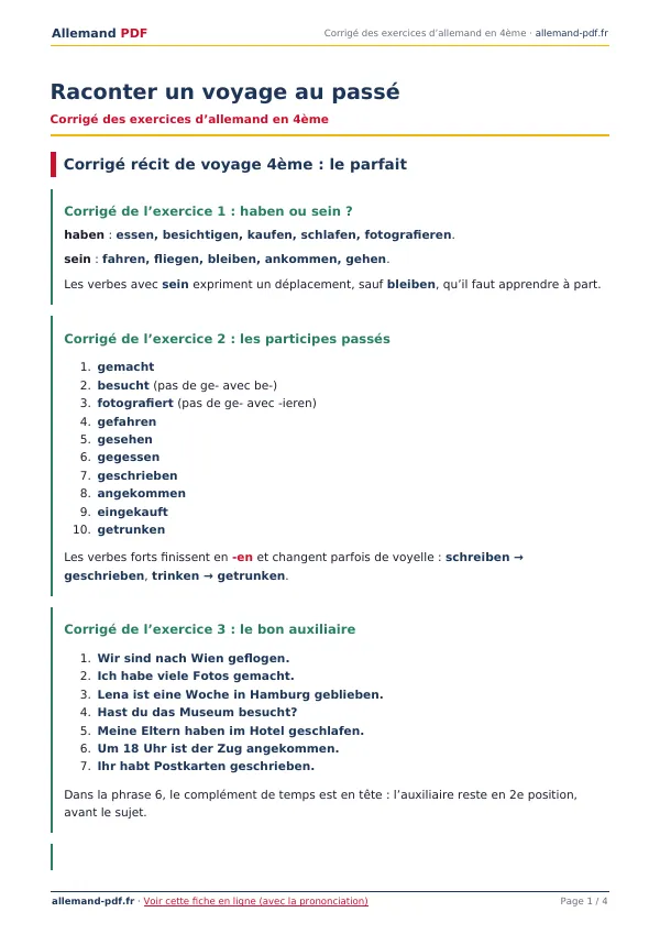 Corrigé « Raconter un voyage au passé » en PDF