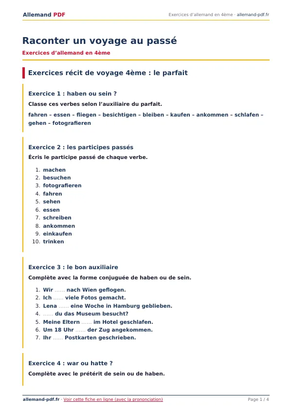 Exercices « Raconter un voyage au passé » en PDF