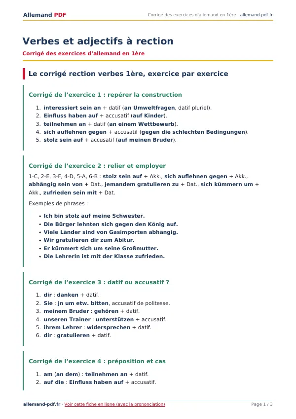 Corrigé « Verbes et adjectifs à rection » en PDF